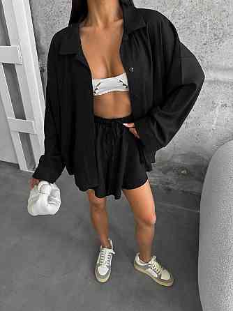 Жіночий літній оверсайз костюм-двійка: сорочка та шорти льон Чорний Одеса