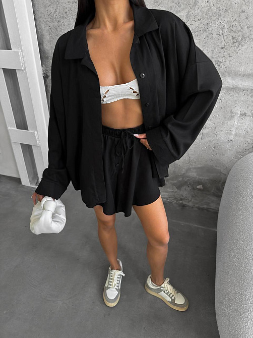 Женский летний прогулочный оверсайз костюм двойка: рубашка и шорты лен Черный Одесса - изображение 6