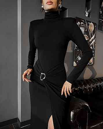 Жіноче елегантне романтичне максіплаття гольф із плічками та розрізом по ніжці Чорний, 46/48 Одеса