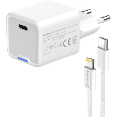 Зарядное устройство ColorWay C101D GaN Mini 20W PD PPS USB-C + cable USB-C to Lightning white (CW-CHS059PDL-WT) Винница - изображение 11