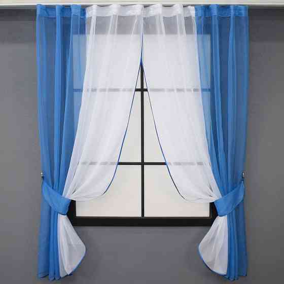 Кухонные шторы VR-Textil № 017к комбинированные с подвязками голубой с белым 265х170 см (50-010) Киев