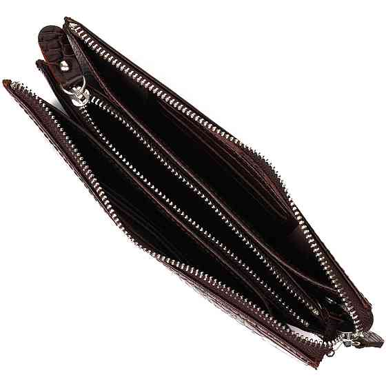 Вместительный мужской клатч на два отделения из натуральной кожи с тиснением под крокодила BOND 22046 Коричневый Киев