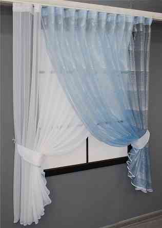 Кухонные шторки VR-Textil № 101к с подвязками молочный с голубым 330х170 см (52-0308) Киев