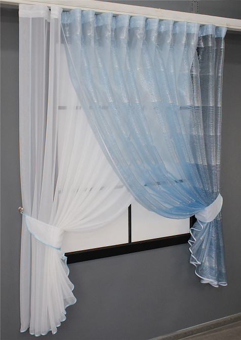 Кухонные шторки VR-Textil № 101к с подвязками молочный с голубым 330х170 см (52-0308) Киев - изображение 2