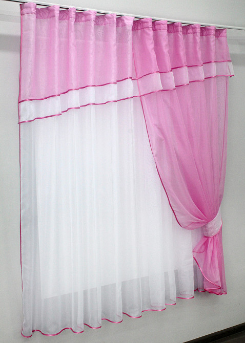 Кухонная занавеска VR-Textil № 018к штора и тюль с ламбрекеном розовый с белым 270х170 см (50-836) Киев - изображение 2
