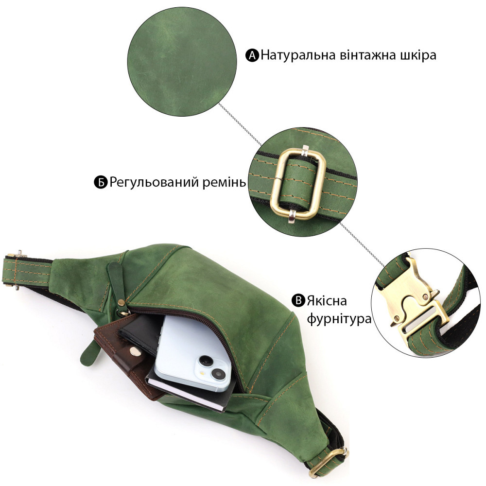 Модна сумка-бананка для чоловіків з натуральної vintage шкіри Shvigel 23124 Зелений Київ - фото 7