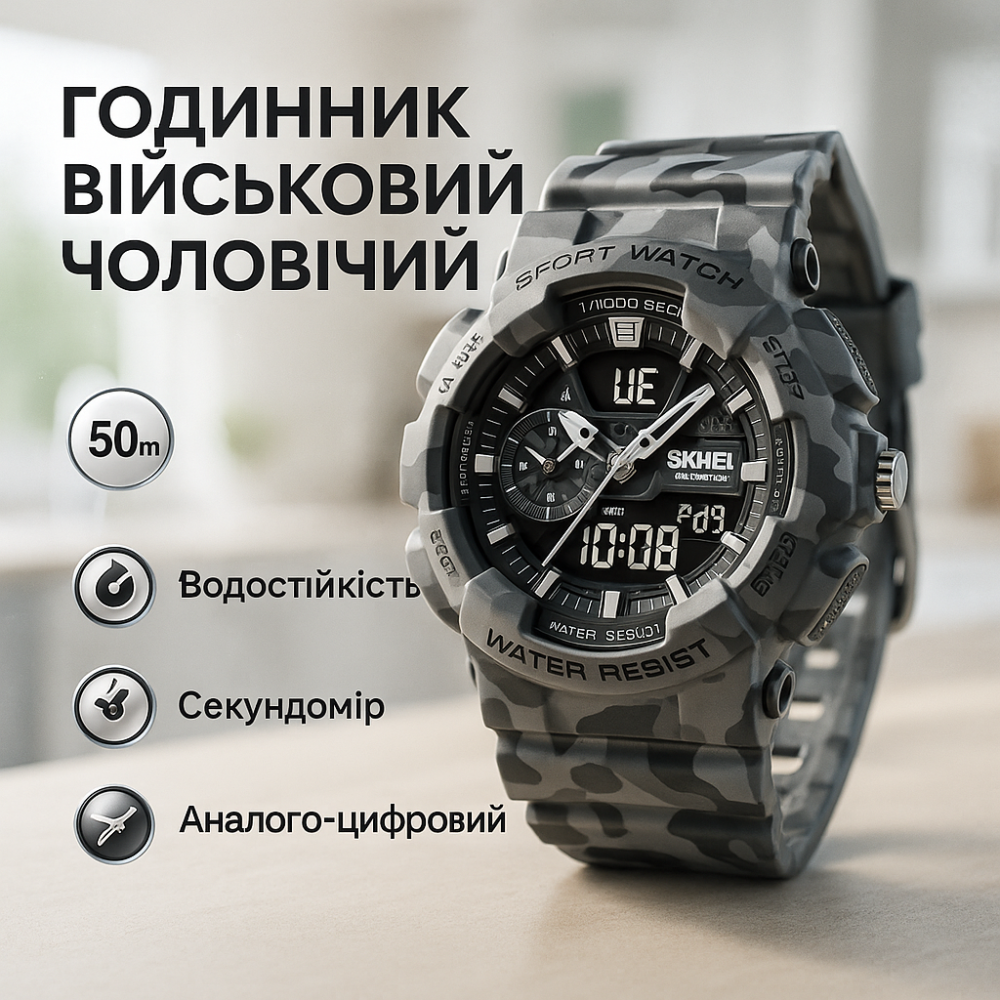 Наручные часы с электронным механизмом SKMEI 1688CMGY, Лучшие военные часы армейские для зсу YZ-90 Львов - изображение 6