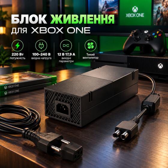 Блок живлення для Xbox One 220 Вт, 100–240 В, 12 В 17,9 А, адаптер із тихим вентилятором, чорний Київ