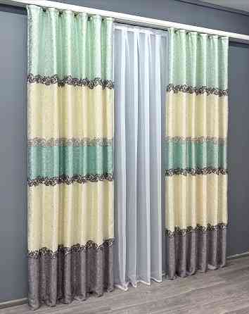 Комплект готових штор VR-Textil Льон № 1022ш Бежевий з бірюзовим 100х270 см 2 шт (31-339) Київ