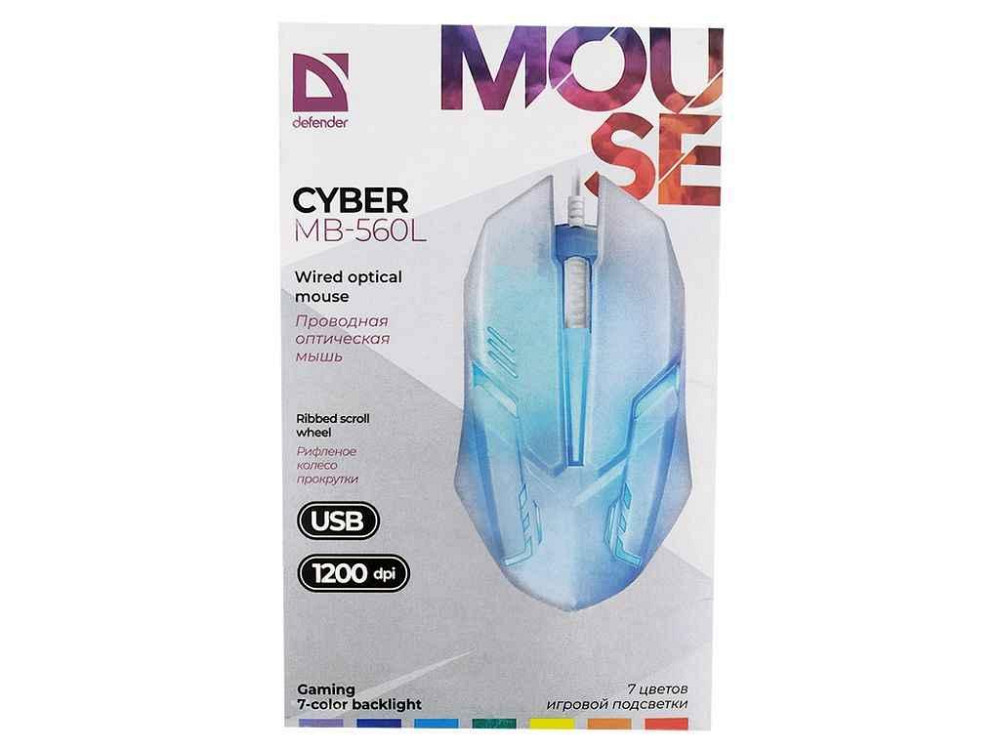 Мишка дротова USB Cyber ​​MB-560L RGB/3 кнопки/500-1600DPI біла 1,5м ТМ Defender Київ - фото 1
