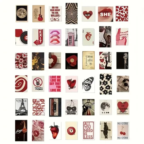Набор стикеров «Love & Music» – 50 штук, арт и винтажный стиль, Париж, губы, клубника Киев