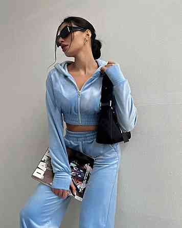 Жіночий повсякденний велюровий костюм-двійка із широкими штанами та укороченою кофтою плюшевий велюр Блакитний, 42/44 Одеса