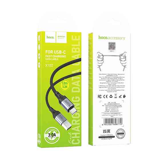 Кабель HOCO X102 USB to Type-C 3A, 1m, nylon, aluminum connectors, Black Одеса