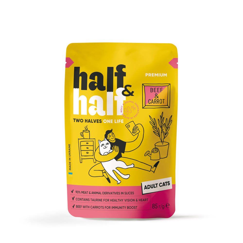 Корм вологий Half&Half для дороcлих котів з яловичиною та морквою в желе 85 г Київ - фото 1