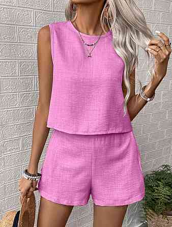 Жіночий літній костюм-двійка: топ і шорти жатий льон Рожевий, 46/48 Одеса