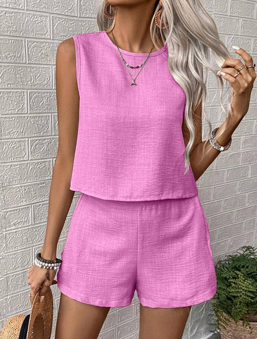 Жіночий літній костюм-двійка: топ і шорти жатий льон Рожевий, 46/48 Одеса - фото 1