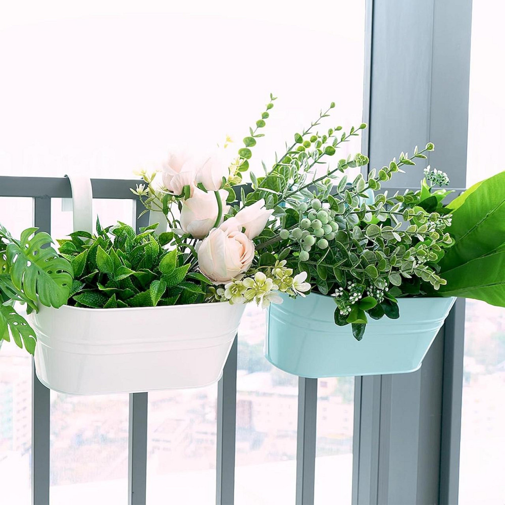 Підвісні кашпо металеві комплект 4 шт, кольоровий квітковий горщик великий з гачком і дренажем для балкону вікон перил двору Київ - фото 5