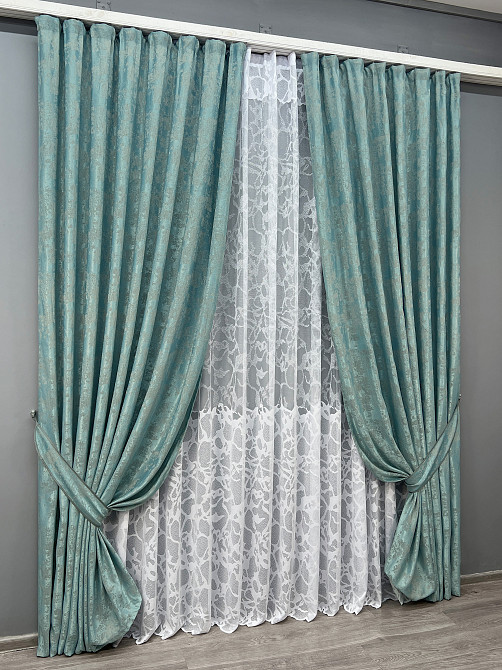 Комплект штор VR-Textil Жакард Мармур 200х270 2шт і Тюль 600х270 1292ш-1529т Бірюзовий з білим 71-185/7 Київ - фото 2