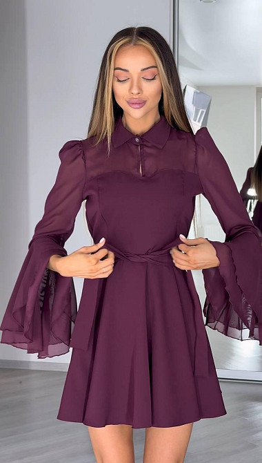 Женское нежное платье с шифоновыми рукавами и воланами костюмка + шифон Марсал, 42/44 Одесса - изображение 3