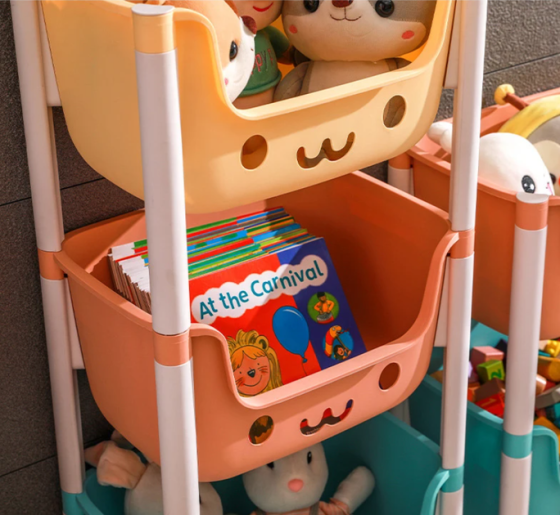 Стеллаж для игрушек на колесиках с двумя уровнями для детской, органайзер, 43×30.3×22 см, белый/коричневый Каменец-Подольский