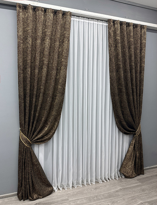 Комплект готовых штор VR-Textil Жаккард Fantasy № 1630ш Шоколадний с бежевым 150х290 см 2 шт (33-0534) Киев - изображение 3