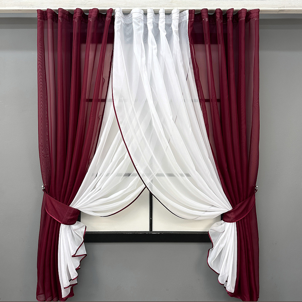 Кухонні шторки VR-Textil № 096к з підв'язками бордовий з білим 400х170 см (52-1219) Київ - фото 1