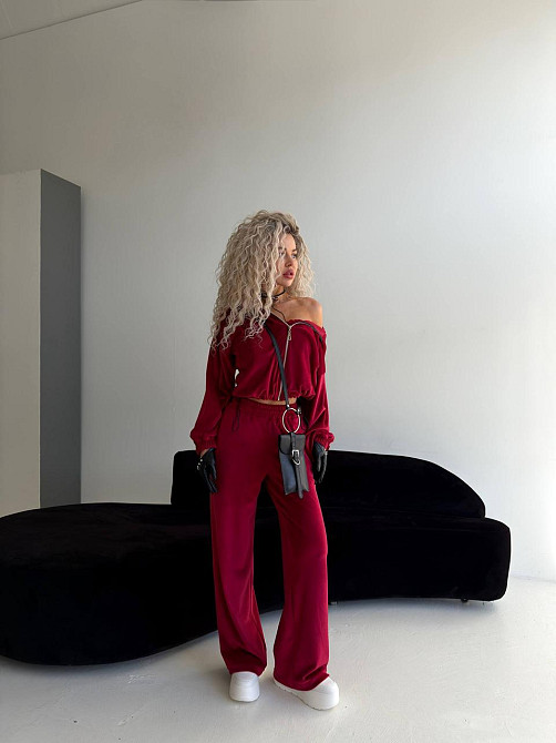 Женский велюровый костюм тройка: кофта корсет и штаны Бордовый, 48/52 Одесса - изображение 7