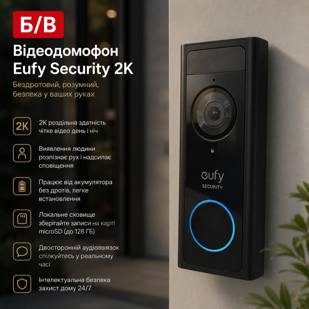 Б/в Відеодомофон Eufy Security 2K (Battery-Powered), чорний, з виявленням людини та локальним сховищем Київ - фото 6