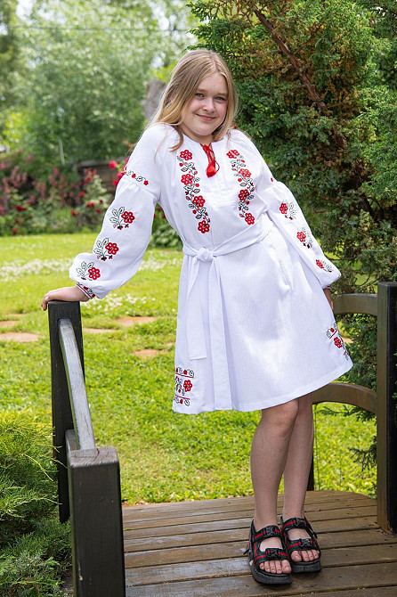 Плаття-вишиванка для дівчаток, біле з вишивкою лляне, довгий рукав топ 152 Київ - фото 1