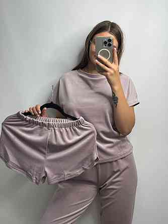 Піжама-комплект (футболка+шорти+штани) з плюшевого велюру Пудровий XXL Харків