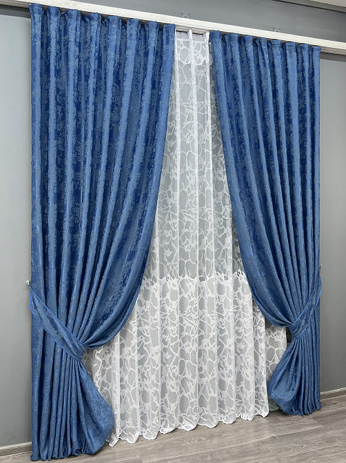 Комплект штор VR-Textil Жакард Мармур 150х270 2шт і Тюль 500х270 1149ш-1529т Синій з білим 71-182/4 Київ - фото 2