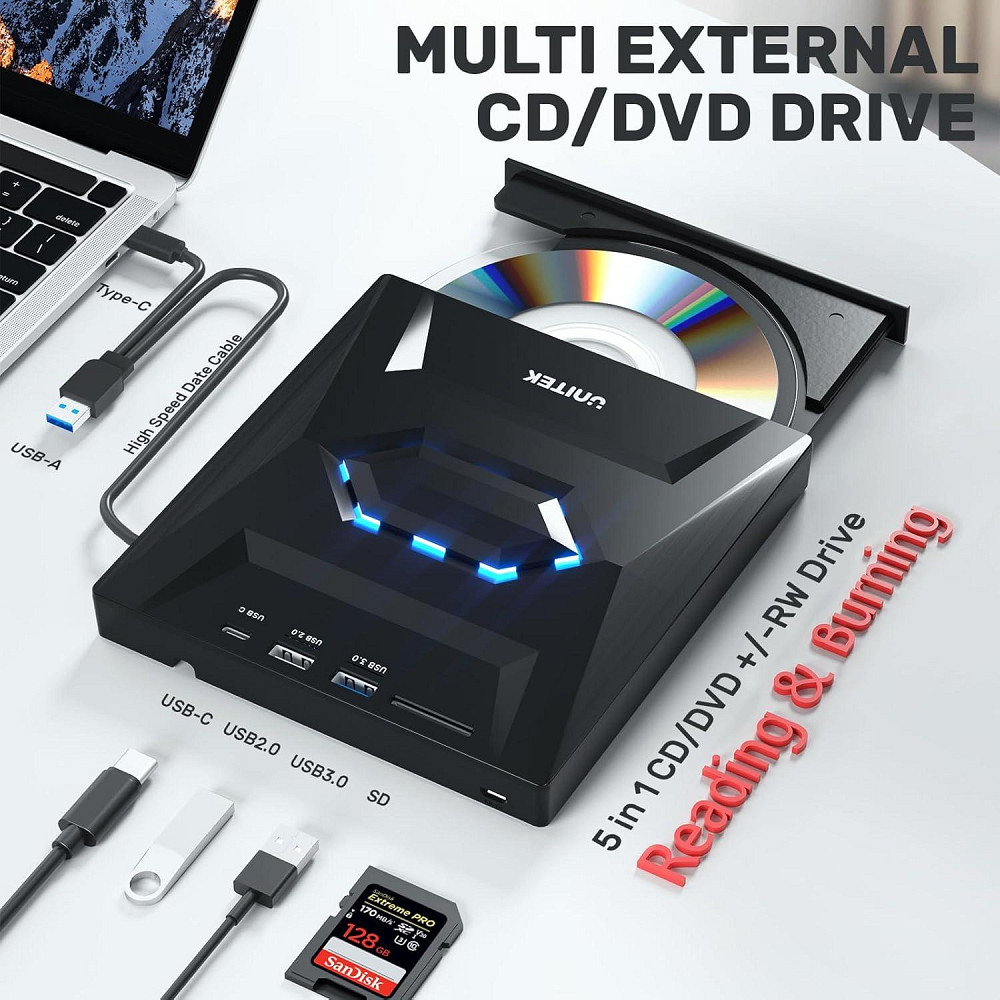 Зовнішній CD/DVD привід UNITEK T037A з 2*USB, Type C та слотом для карт SD Луцьк - фото 2