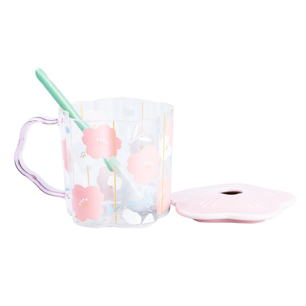 Чашка скляна 500 мл з ложкою та кришкою, Рожевий Київ - фото 3