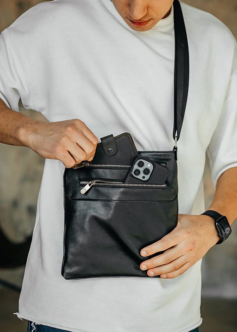 Мужская кожаная сумка, вместительная для документов из натуральной кожи, качественная черная сумка через Киев - изображение 3