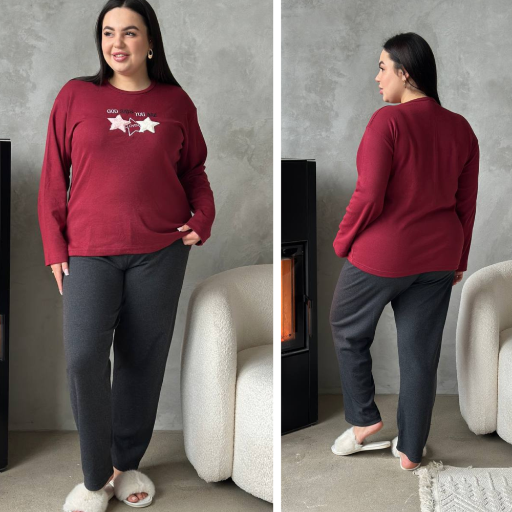 Пижама женская большого размера штаны и лонгслив батал PLUS SIZE с вышивкой звезды для дома и сна с длинными рукавами бордовая 3XL Одесса - изображение 1