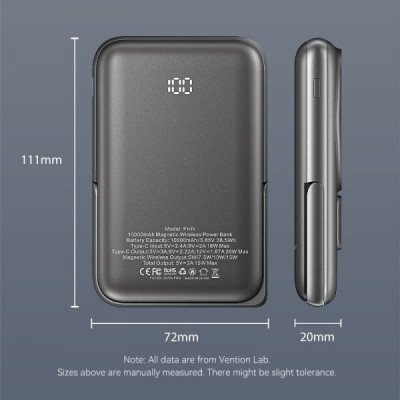 Батарея универсальная VENTION Magnetic Wireless 10000mAh 20W PD USB-C In/Out, QI-15W Black (FHNB0) Винница - изображение 3