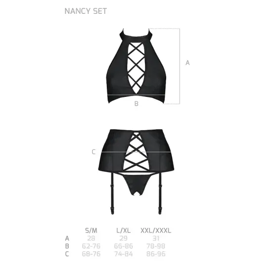 Комплект з еко-шкіри з імітацією шнурівки Passion NANCY SET L/XL black топ, трусики, пояс для панчіх Львів
