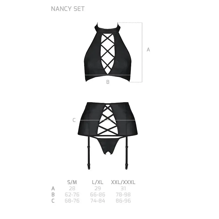 Комплект з еко-шкіри з імітацією шнурівки Passion NANCY SET L/XL black топ, трусики, пояс для панчіх Львів - фото 5