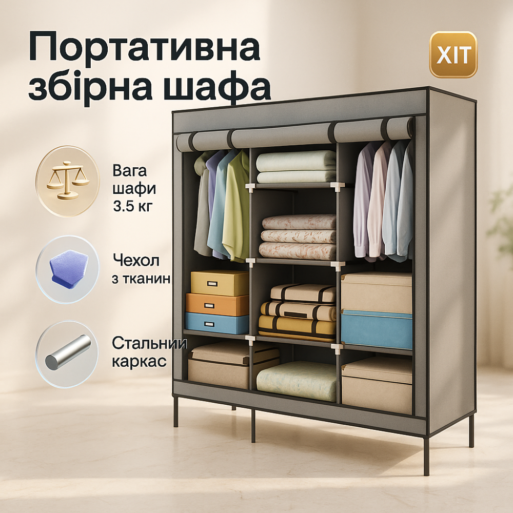 Складна каркасна тканинна шафа для одягу WARDROBE 175 х 130 х 45 см, М'яка шафа-органайзер для речей UZ-26 Львів - фото 7