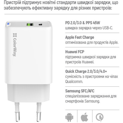 Зарядное устройство ColorWay C101E GaN Mini 45W PD PPS USB-C + USB-A QC4.0 white (CW-CHS060PD-WT) Винница - изображение 4