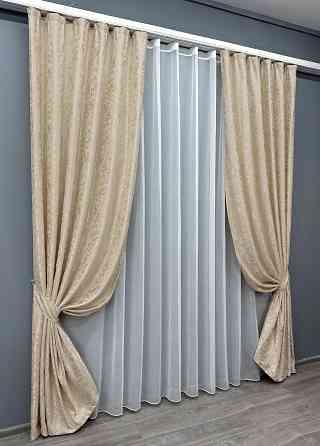 Комплект штор VR-Textil Лен Мрамор 200х270 2шт и Тюль 600х270 1713ш-1276т Айвори с белым 71-010/7 Киев