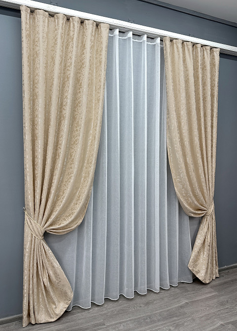 Комплект штор VR-Textil Лен Мрамор 200х270 2шт и Тюль 600х270 1713ш-1276т Айвори с белым 71-010/7 Киев - изображение 2