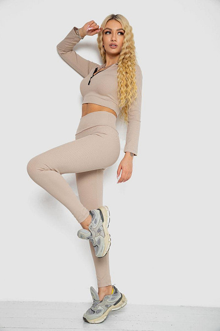 Женский костюм в рубчик, хлопковый трикотаж с эластаном, приталенный, на резинке, Светло-бежевый, S Лубны - изображение 8