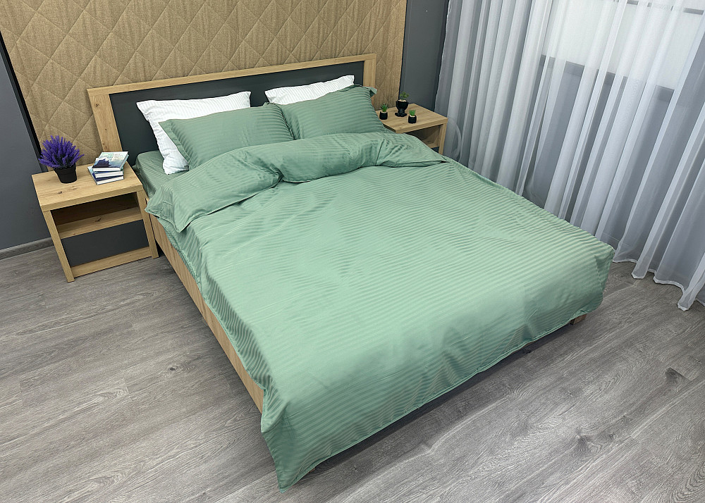 Комплект постільної білизни Страйп-сатин Двоспальний 180х220 з простирадлом на резинці М'ятний (88-173) Київ - фото 3