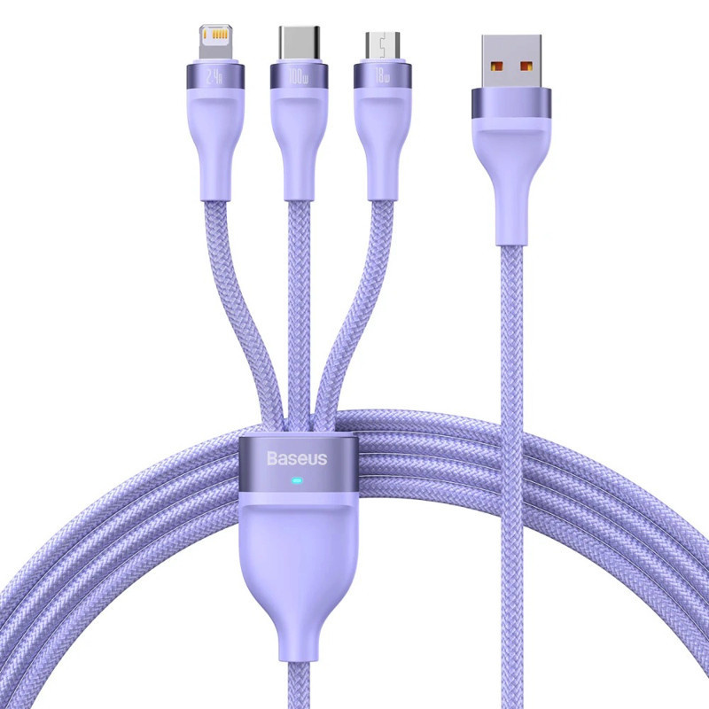 Кабель Baseus Flash Series Ⅱ One-for-three Fast Charging Data Cable USB to M+L+C 100W 1.2m Purple Київ - фото 1