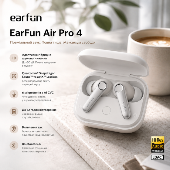 Бездротові навушники EarFun Air Pro 4 White TWS Bluetooth 5.4 з адаптивним ANC, Hi-Res Audio та вологозахистом Київ