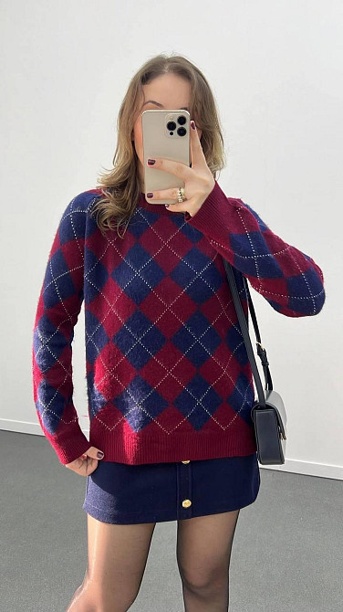 Женский оверсайз свитер в геометрический принт машинная вязка Синий Одесса - изображение 1