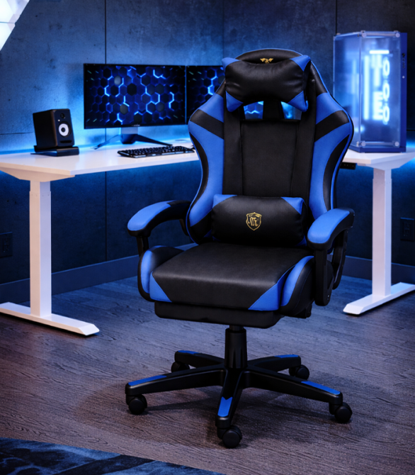 Геймерське крісло Primaveo з ергономічними подушками та висувною підставкою для ніг, Чорний/Синій Київ - фото 10