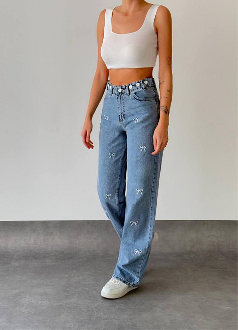 Жіночі прямі джинси з бантиками на високій посадці 29 Одеса - фото 2