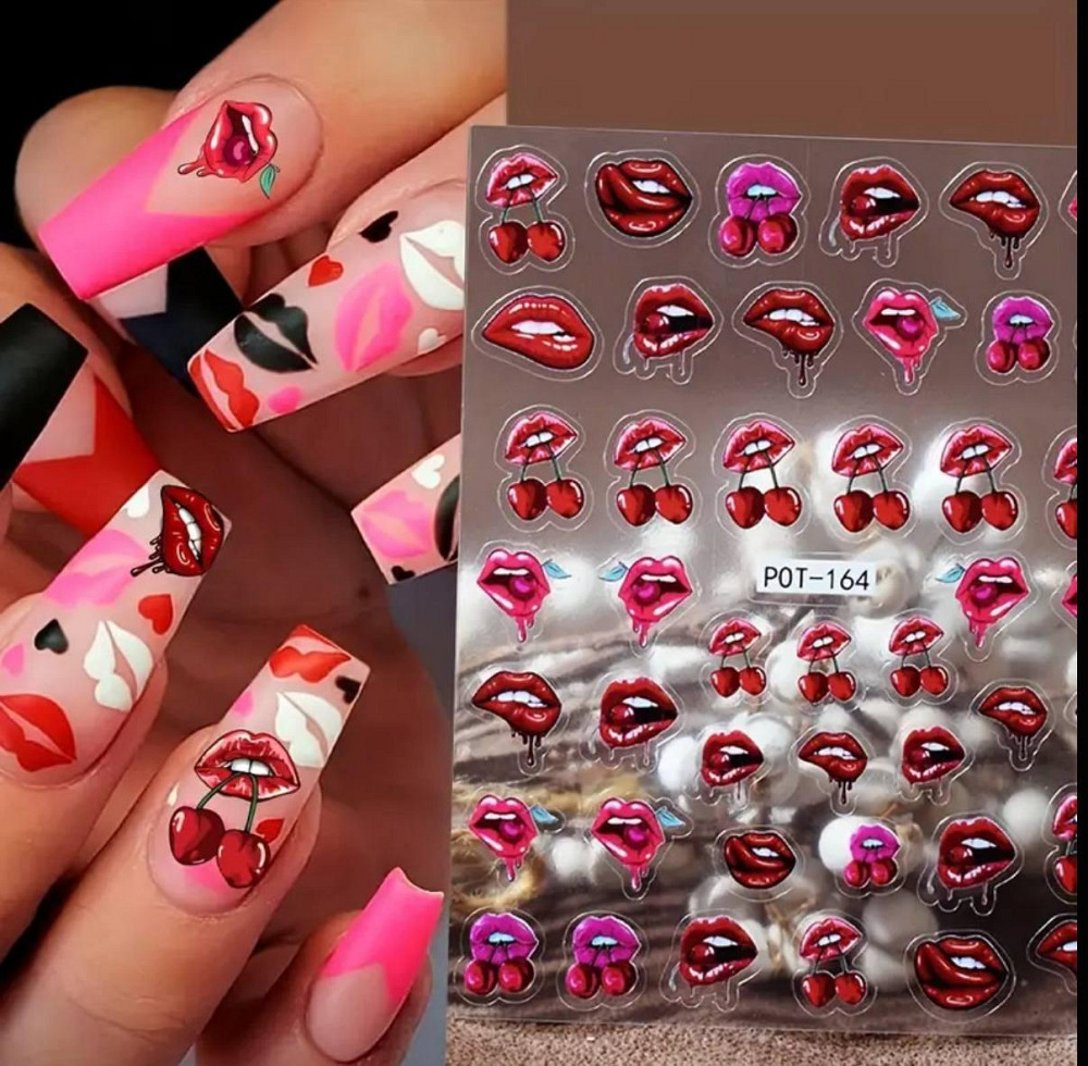 3D наклейки для ногтей губы и вишни – набор 2 листа Киев - изображение 1